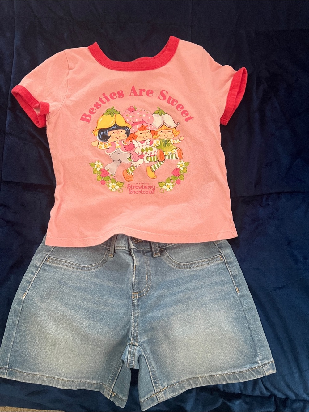 Strawberry Shortcake 'Besties Are Sweet' Pink Ringer Tee and So Denim shorts